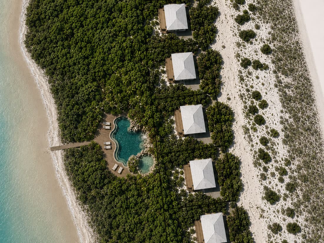 Projeção do condomínio — villas e piscina lagoa entre o rio e o mar
